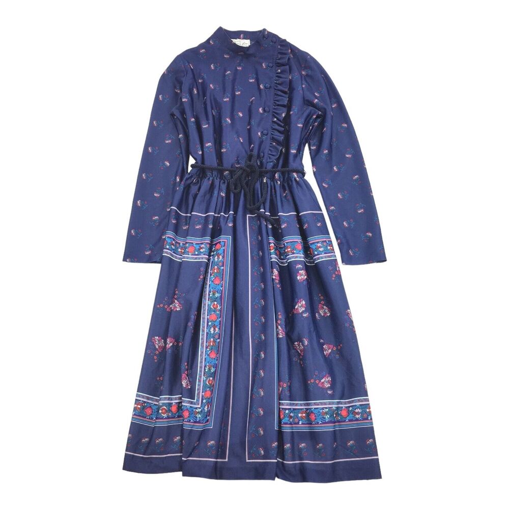 Vintage 1960s Trends by Jerrie Lurie Modest High Neck Floral Print Dress 12 Blue